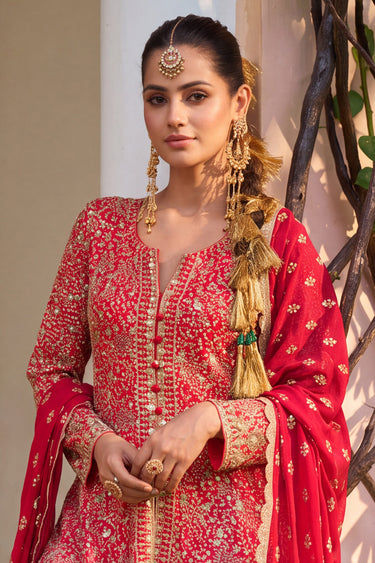 Red Heavy Embroidered Designer Sharara Suit
