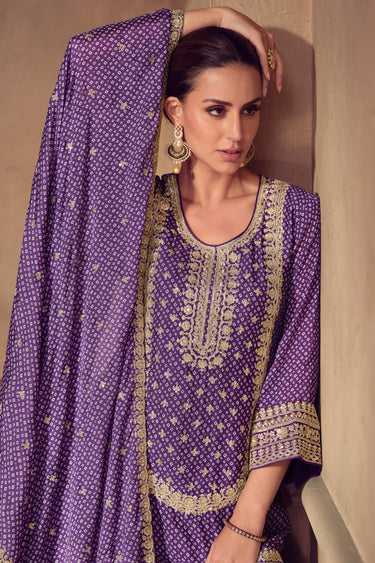 Purple Chinon Embroidered Readymade Sharara Salwar Suit