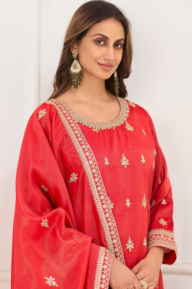 Elegant Red Art Silk Embroidered Readymade Palazzo Salwar Kameez