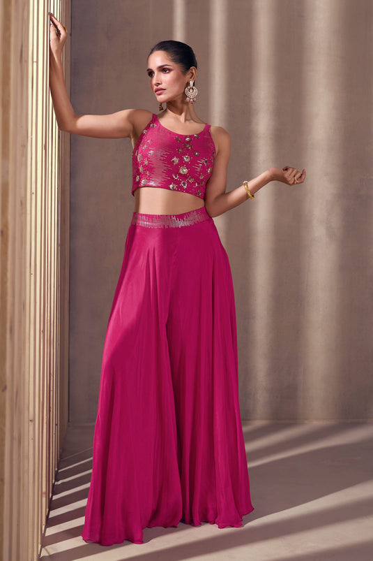 Vartika Singh Radiant Rani Pink Color Chinon Silk Readymade Crop Top with Palazzo Set