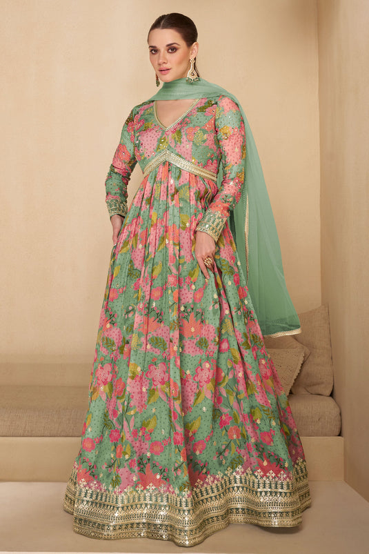 Eugeniya Belousova Luminous Readymade Georgette Gown With Dupatta In Sea Green Color