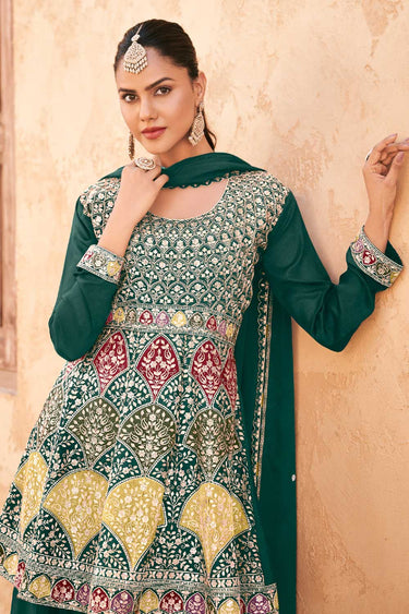 Chinon Fabric Green Color Glamorous Readymade Palazzo Suit