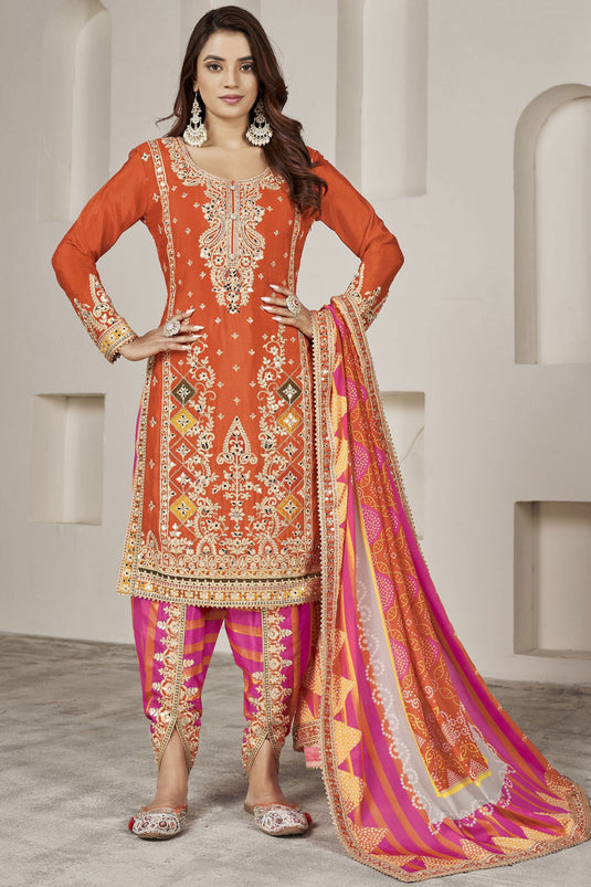 Function Special Orange Color Chinon Fabric Readymade Patiala Suit