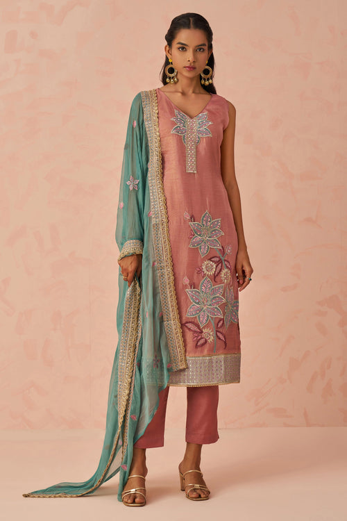 Fancy Crush Fabric Readymade Straight Cut Salwar Kameez In Pink Color