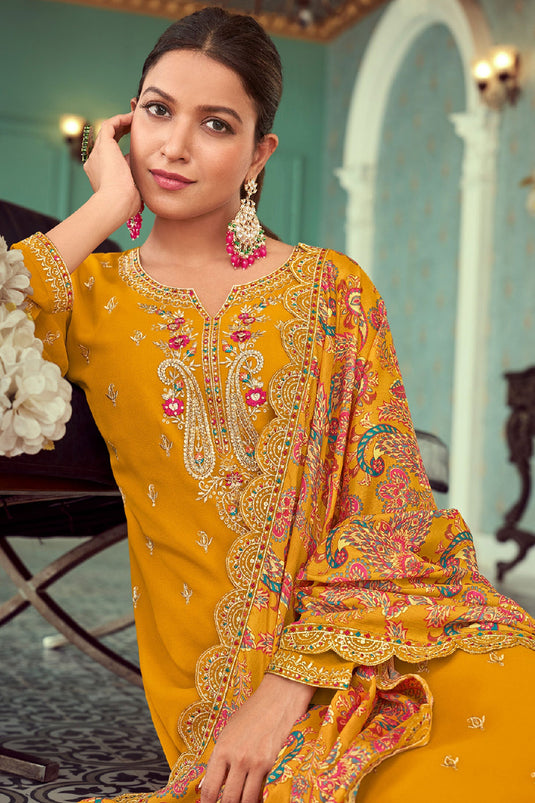 Tempting Georgette Fabric Mustard Color Festive Wear Salwar Suit