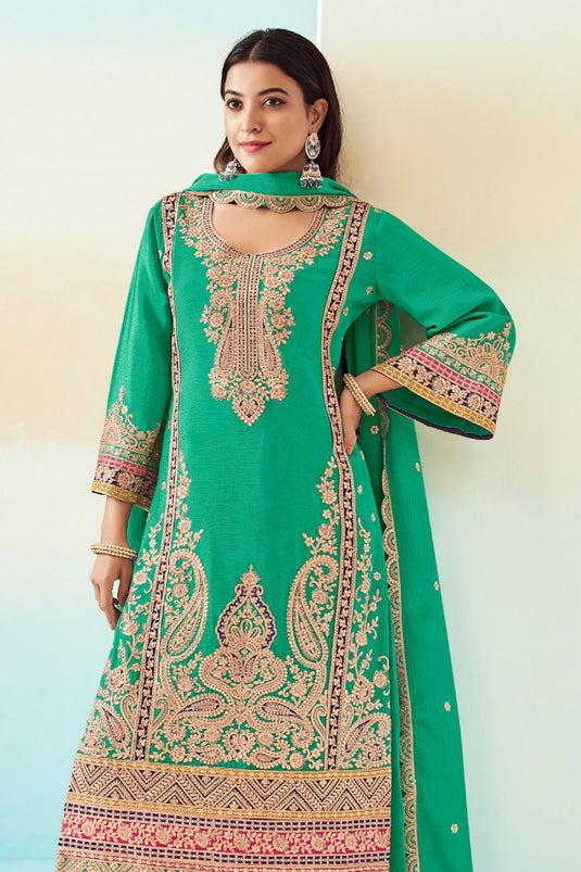 Green Color Chinon Fabric Function Wear Classic Palazzo Suit