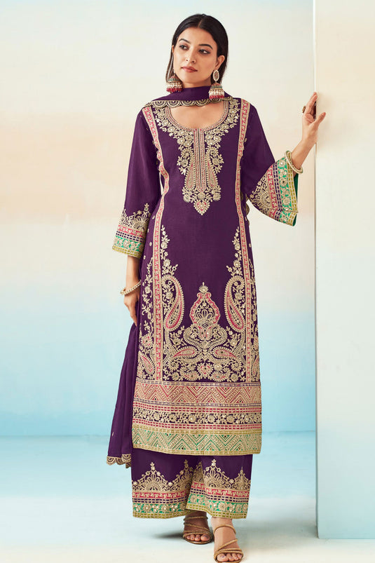 Chinon Fabric Function Wear Lovely Palazzo Suit In Wine Color