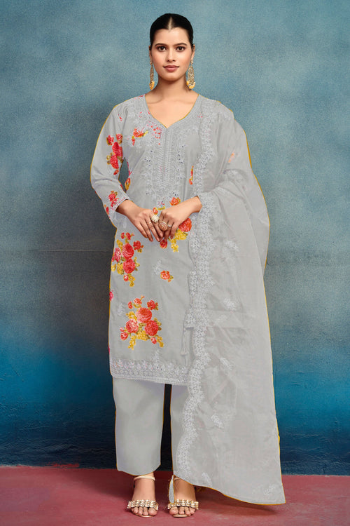 Attractive Grey Art Silk Embroidered Suit