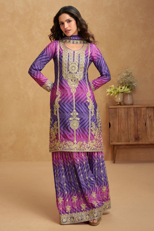 Chinon Silk Embroidered Readymade Sharara Style Salwar Kameez