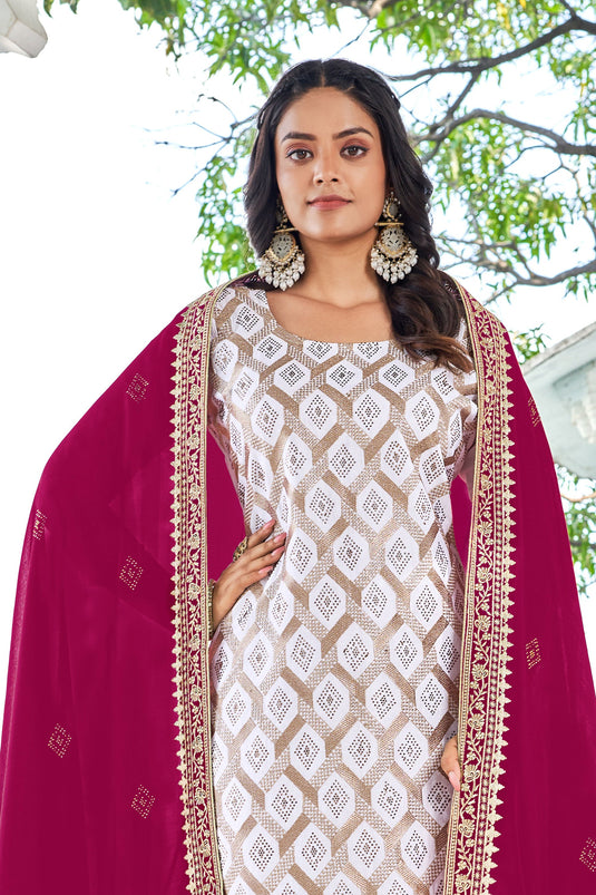 Classic Off White Color Festive Wear Salwar Suit In Fancy Fabric