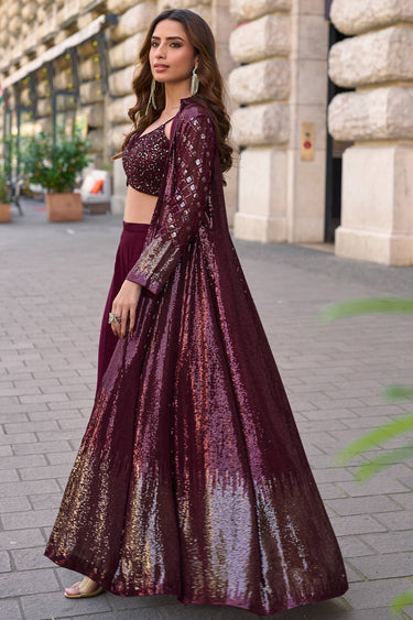 Wine Sequins Embroidered Western Look Outfit Blouse And Palazzo With Long Shrug