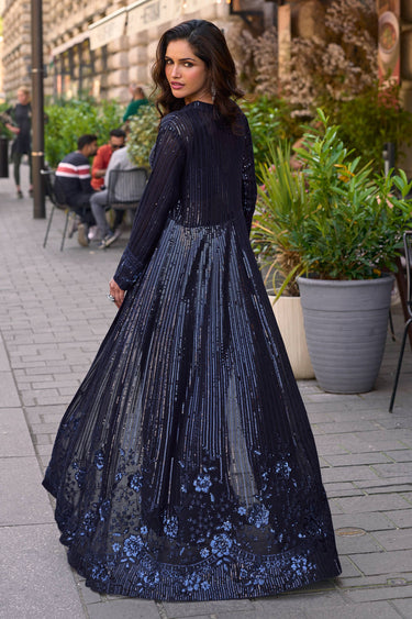 Designer Navy Blue Sequins Embroidered Indo Western Crop Top With Palazzo And Shrug