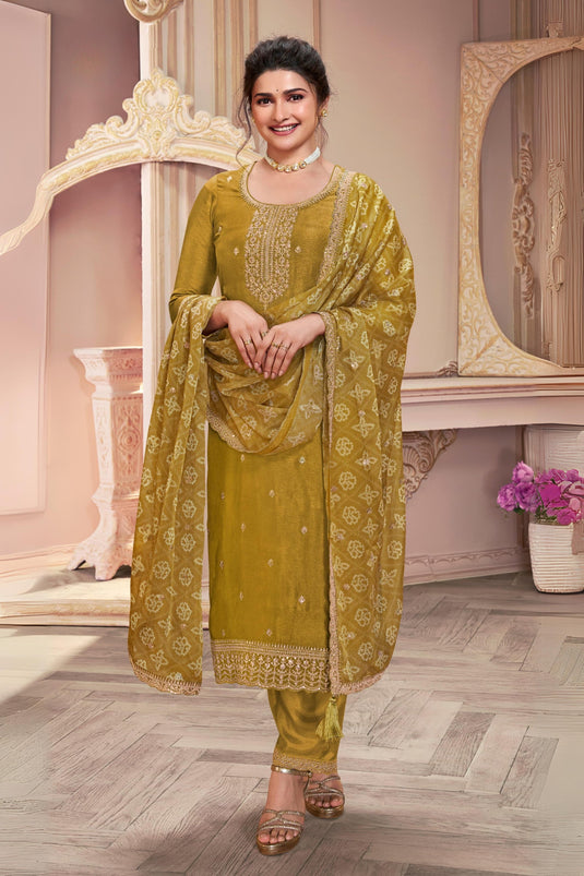 Prachi Desai Mustard Color Inventive Salwar Suit In Georgette Silk Fabric