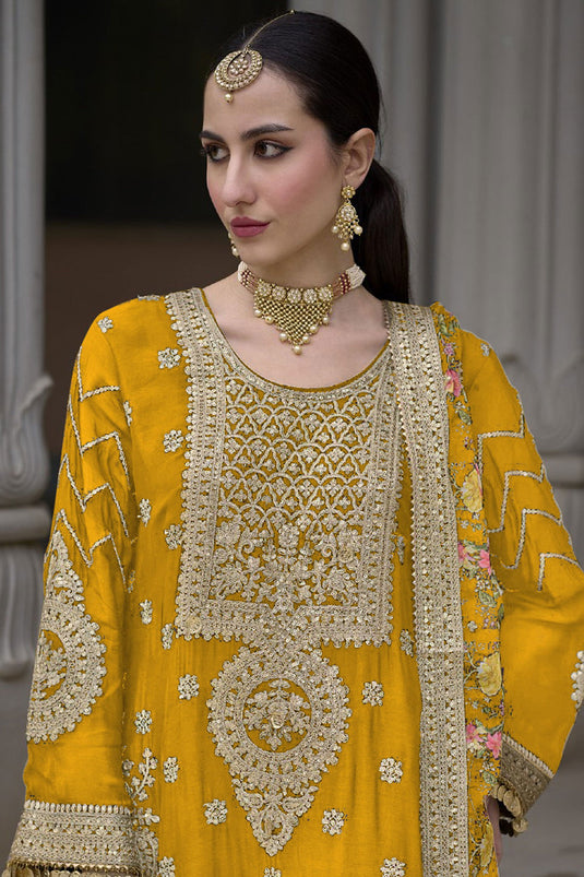 Yellow Color Exquisite Readymade Palazzo Suit In Chinon Fabric