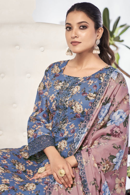 Cotton Fabric Blue Color Excellent Digital Printed Salwar Suit