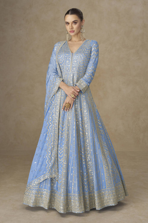Chinon Silk Embroidered Sky Blue Designer Readymade Gown With Dupatta