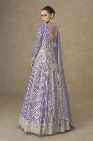 Embroidered Chinon Silk Lavender Designer Readymade Gown With Dupatta