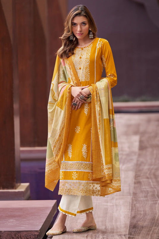 Engaging Mustard Color Fancy Cotton Fabric Casual Salwar Suit
