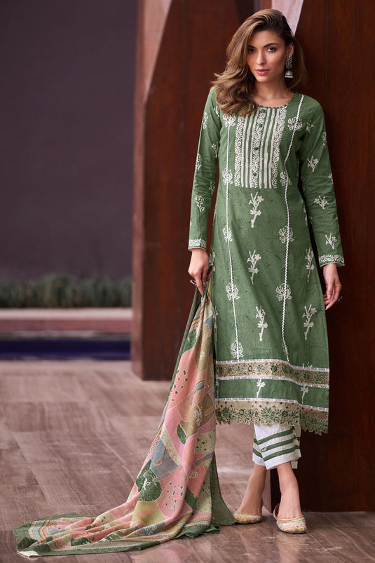 Classic Green Color Casual Salwar Suit In Fancy Cotton Fabric