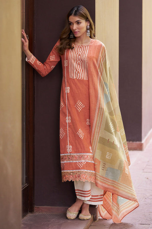 Fancy Cotton Fabric Peach Color Casual Winsome Salwar Suit