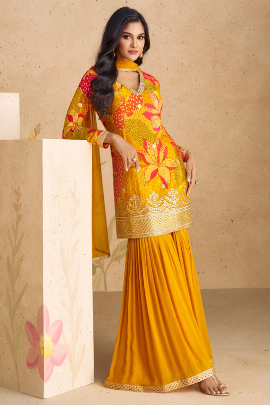 Sushrii Mishraa Engaging Orange Color Chinon Fabric Palazzo Suit