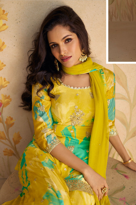 Vartika Singh Classic Green Color Palazzo Suit In Chinon Fabric