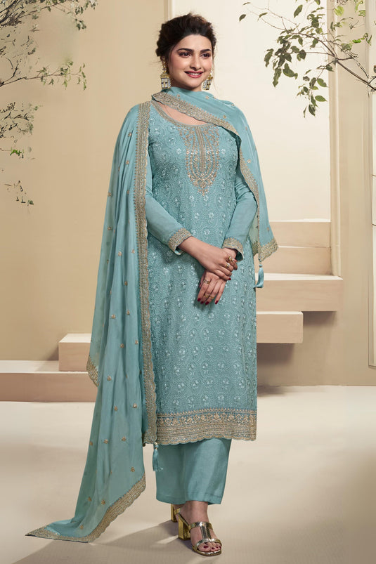 Prachi Desai Alluring Organza Fabric Sea Green Color Salwar Suit