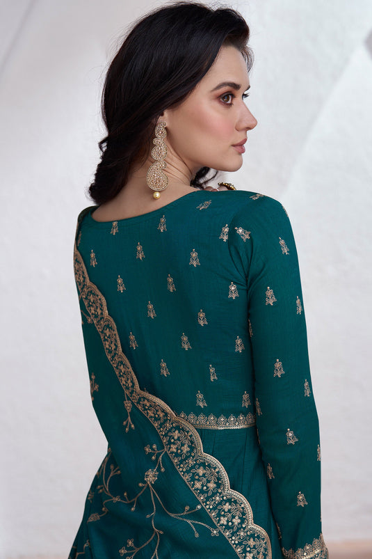 Silk Fabric Embroidery Work Teal Color Designer Readymade Anarkali Gown With Dupatta