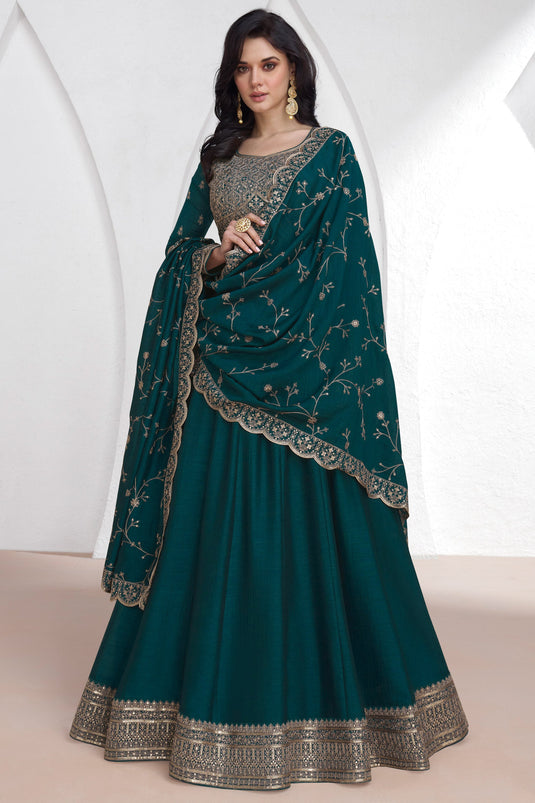 Silk Fabric Embroidery Work Teal Color Designer Readymade Anarkali Gown With Dupatta