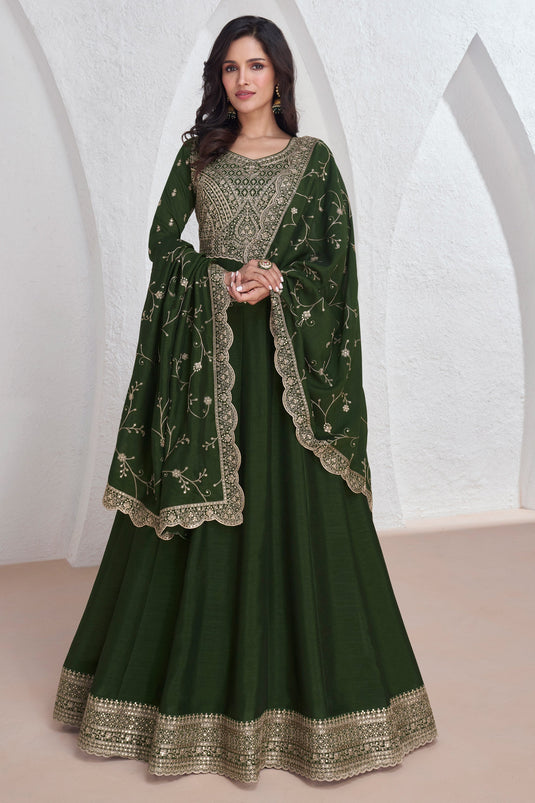 Dark Green Color Silk Festive Wear Embroidery Work Readymade Anarkali Gown With Dupatta