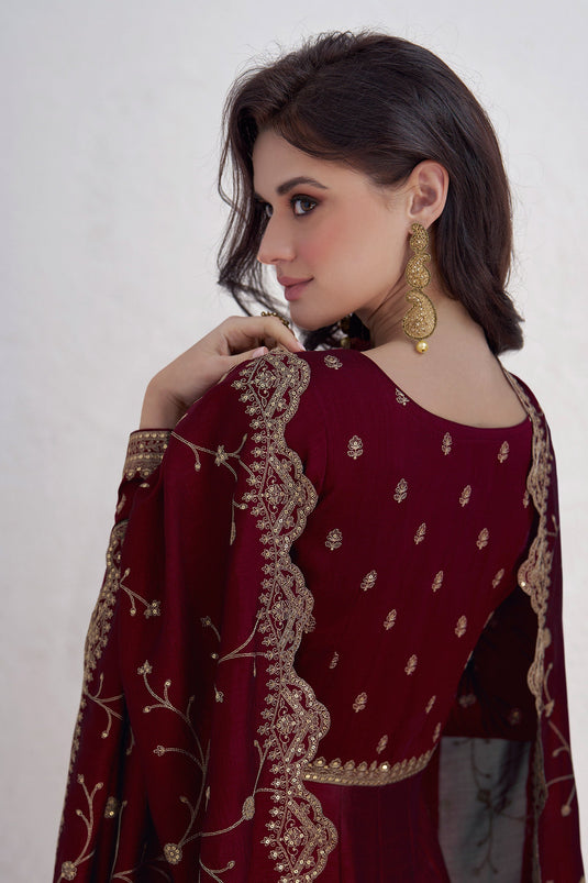 Maroon Color Silk Occasion Wear Embroidery Work Readymade Anarkali Gown With Dupatta