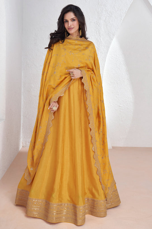 Silk Fabric Yellow Color Embroidery Work Designer Readymade Anarkali Gown With Dupatta