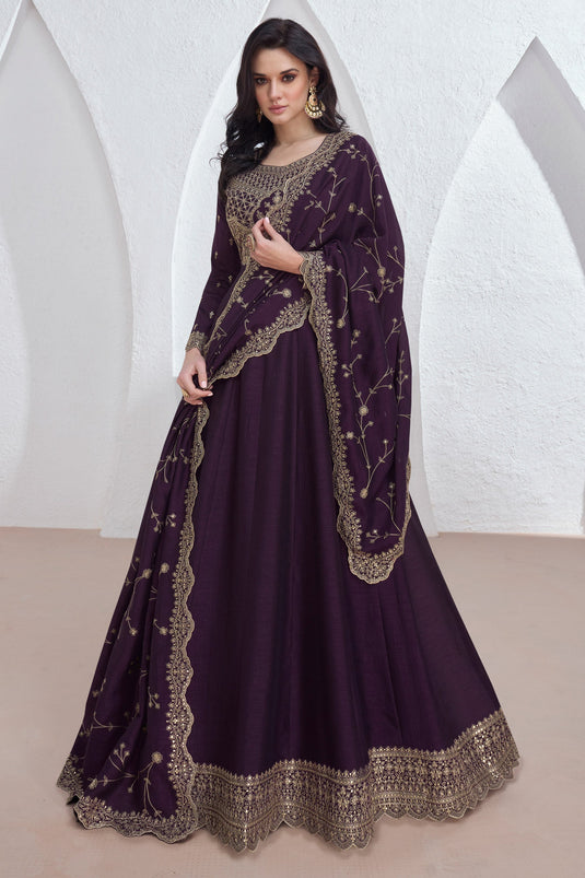 Embroidery Work Purple Color Party Wear Silk Readymade Anarkali Gown With Dupatta
