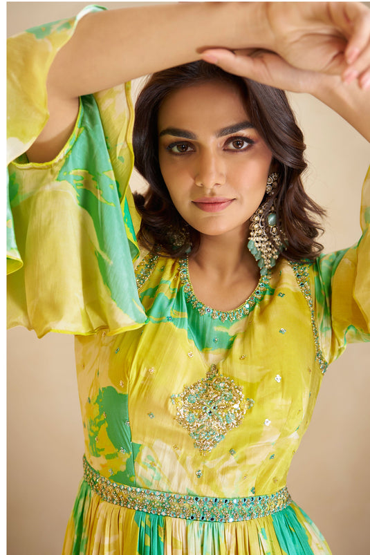 Digital Printed Readymade Chinon Fabric Gown With Dupatta In Yellow Color