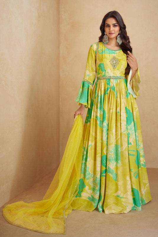 Digital Printed Readymade Chinon Fabric Gown With Dupatta In Yellow Color