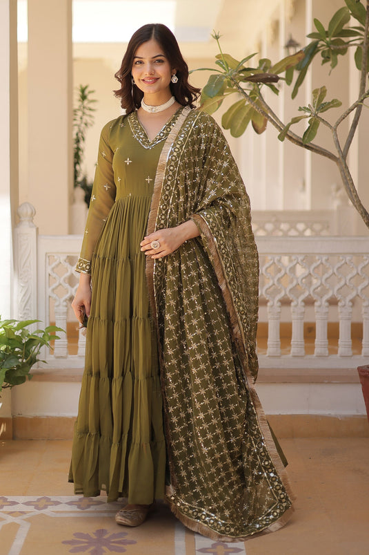 Trendy Georgette Fabric Green Color Readymade Gown With Dupatta