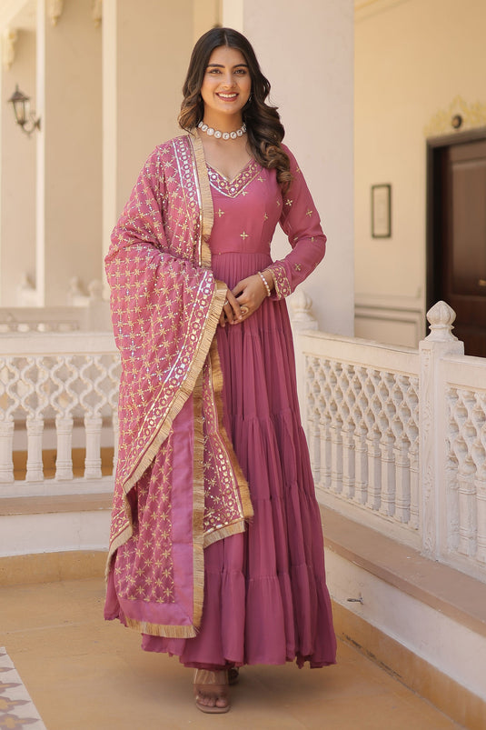 Pink Color Exquisite Readymade Gown With Dupatta In Georgette Fabric