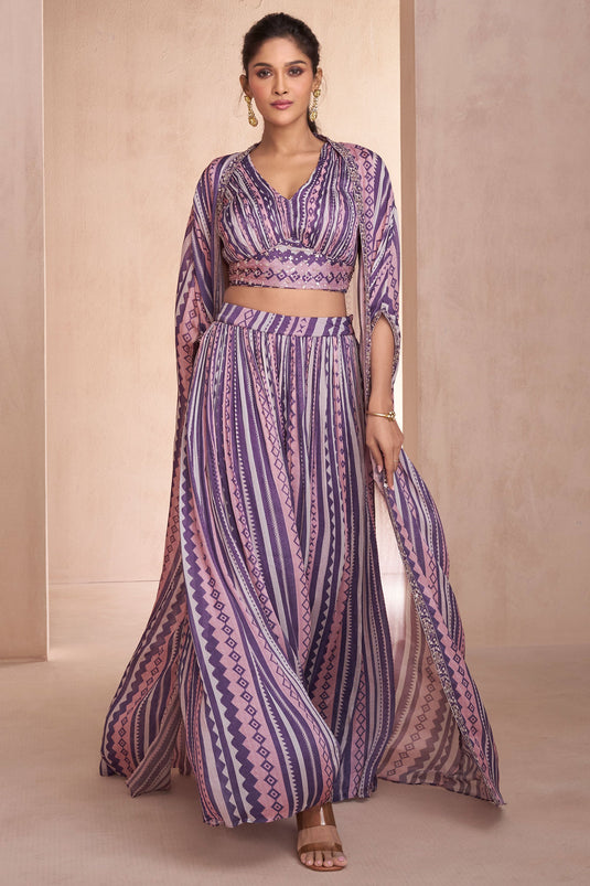 Sushrii Mishraa Georgette Fabric Purple Color Beatific Readymade Palazzo Suit With Jacket