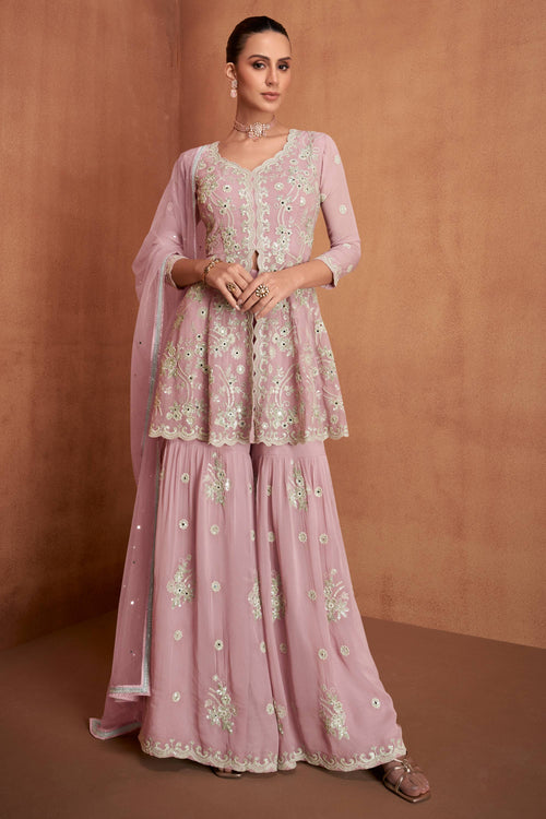 Womens Pink Embroidered Georgette Readymade Palazzo Suit With Dupatta