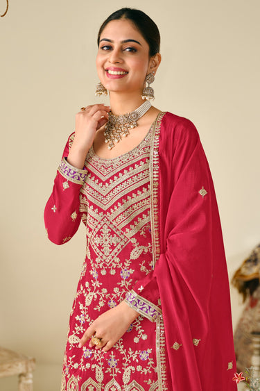 Embroidered Chinon 3 Piece Readymade Palazzo Salwar Suit
