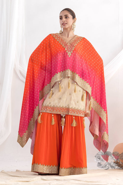 Orange Party Wear Viscose Jacquard Sharara Palazzo Suit With Kaftan Style Dupatta
