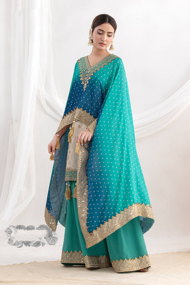 Embroidered Cyan Party Wear Designer Sharara Palazzo Suit With Kaftan Style Dupatta