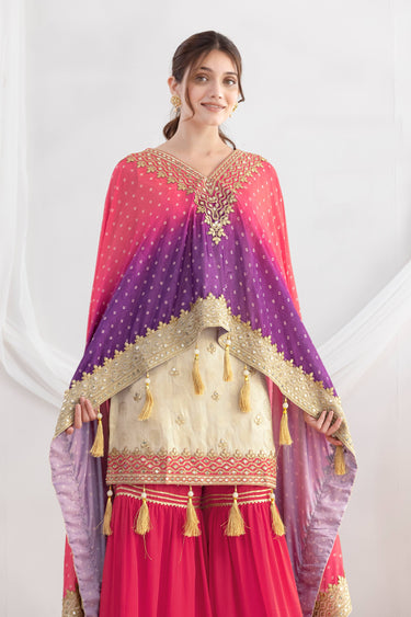 Viscose Jacquard Pink Readymade Sharara Palazzo Suit With Kaftan Style Dupatta