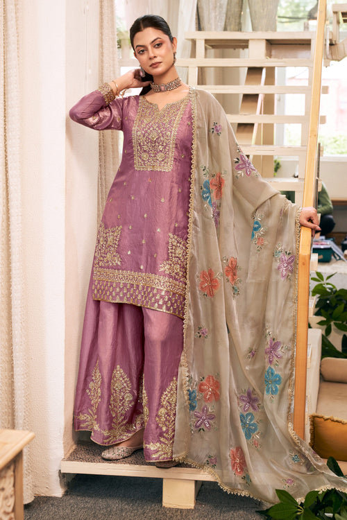 Elegant Silk Lavender Embroidered Palazzo Suit