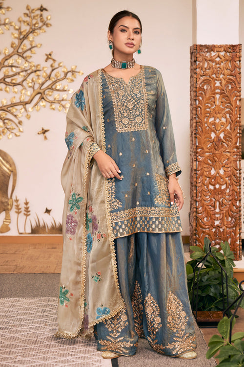 Premium Zari Embroidered Grey Palazzo Salwar Kameez