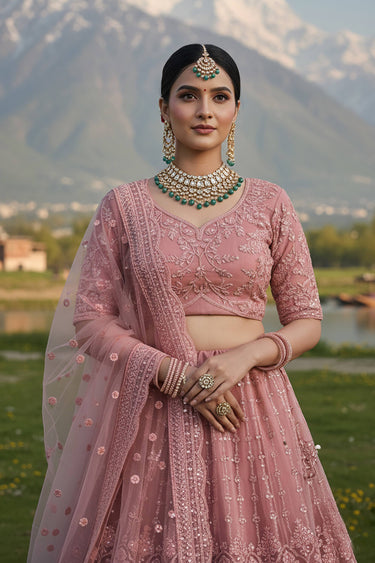 Embroidered Net Pink Wedding Wear Lehenga Choli With Dupatta