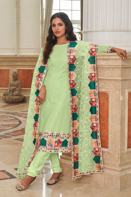 Vartika Singh Glamorous Georgette Sea Green Color Straight Cut Suit