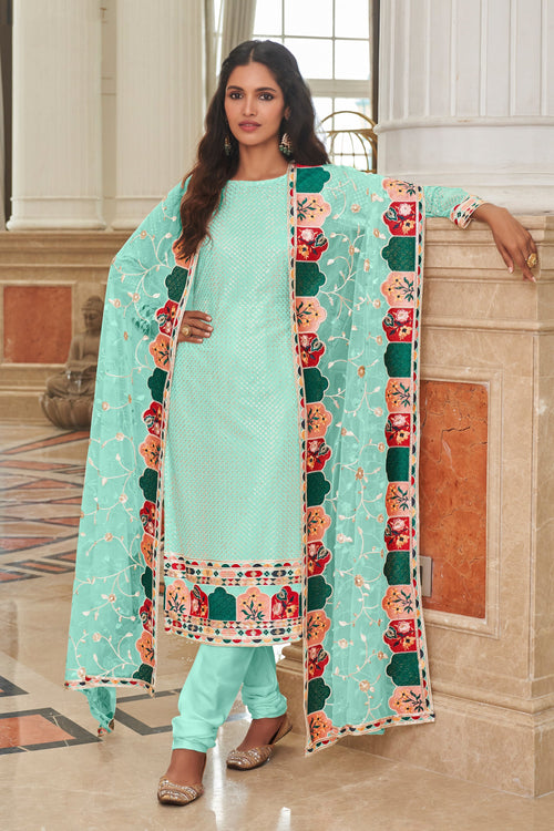 Vartika Singh Light Cyan Color Glittering Georgette Straight Cut Suit
