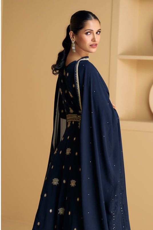 Vartika Singh Navy Blue Color Charismatic Georgette Readymade Sharara Top Lehenga