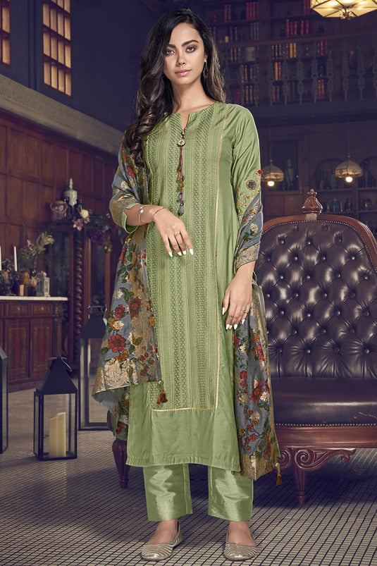 Art Silk Fabric Festive Wear Embroidered Salwar Suit In Green Color